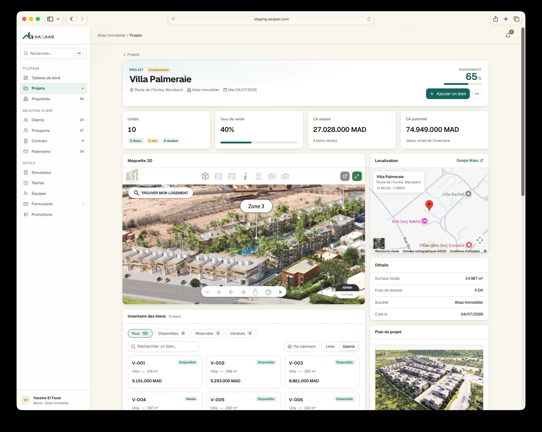 Projets & stock — Pilotez chaque projet et chaque lot, en 3D